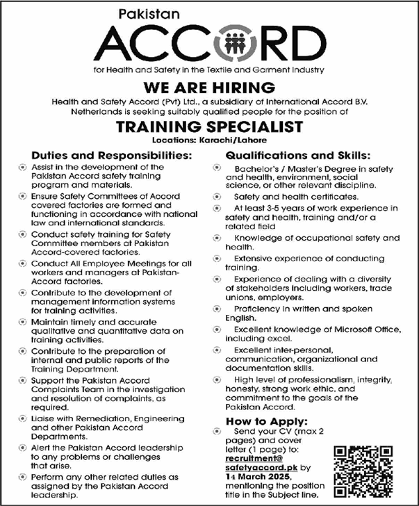 Training Specialist Jobs in Health and Safety Accord Pvt Ltd Karachi / Lahore 2025 March Latest