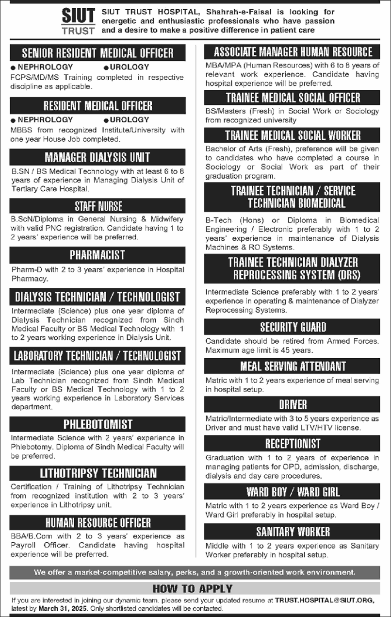 SIUT Trust Hospital Karachi Jobs March 2025 Trainee Technicians, Staff Nurse & Others Latest