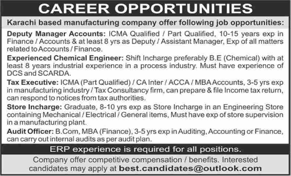 Manufacturing Company Jobs in Karachi 2025 March Tax Executive, Audit Officer & Others Latest