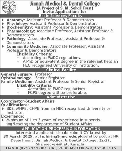 Jinnah Medical and Dental College Karachi Jobs 2025 March Teaching Faculty & Others JMDC Latest