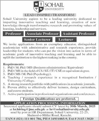 Sohail University Karachi Jobs 2025 March Teaching Faculty Latest