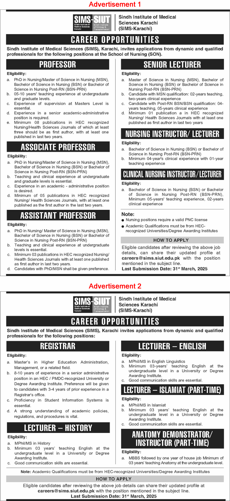 Sindh Institute of Medical Sciences Karachi Jobs 2025 March Teaching Faculty SIMS SIUT Latest