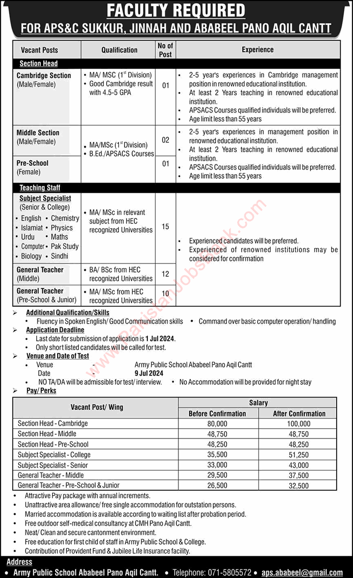 Army Public School and College Sukkur / Pano Aqil Jobs June 2024 Teaching Faculty APS&C Latest