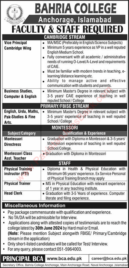 Bahria College Islamabad Jobs June 2024 Teaching Faculty & Others Latest