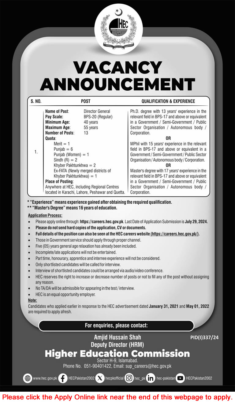 Director General Jobs in Higher Education Commission 2024 July Apply Online HEC Latest
