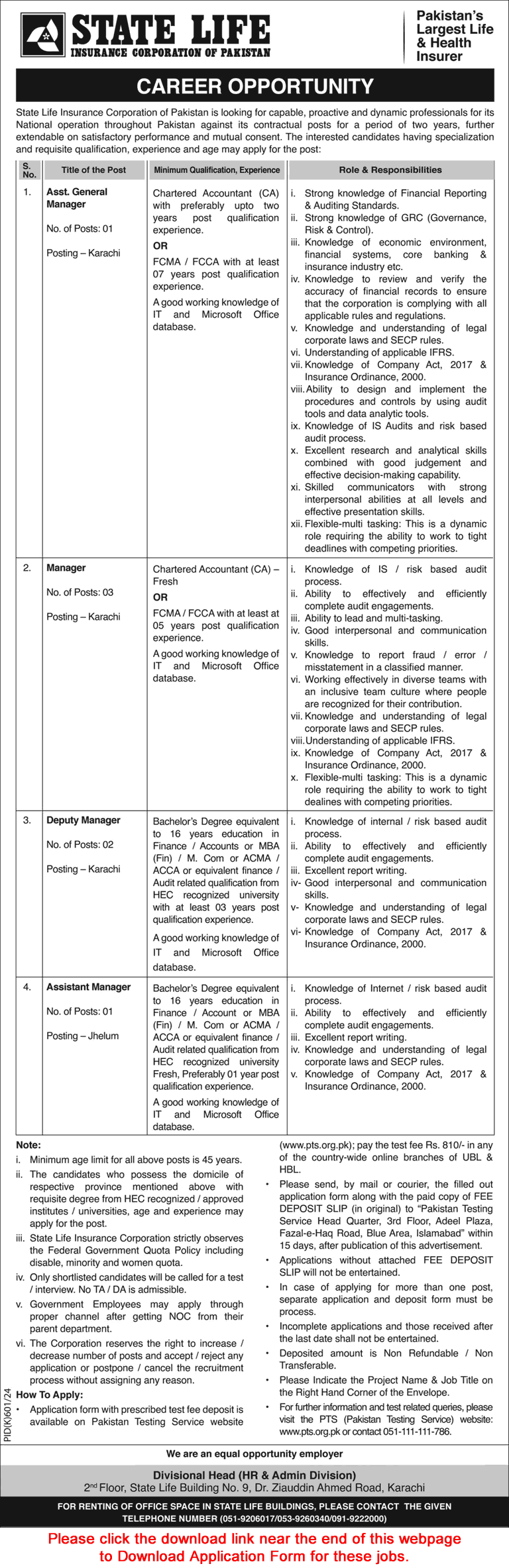 State Life Insurance Corporation of Pakistan Jobs September 2024 PTS Application Form SLIC Latest