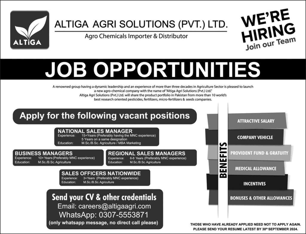 Altiga Agri Solutions Pvt Ltd Pakistan Jobs 2024 September Sales Managers / Officers & Business Managers Latest