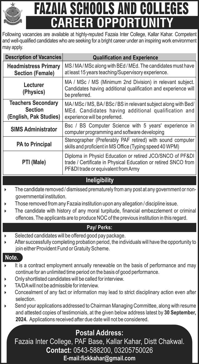 Fazaia Inter College Kallar Kahar Jobs September 2024 Teachers, Lecturers & Others Latest