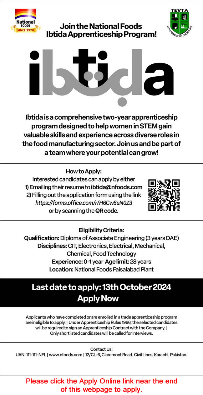 National Foods Ibtida Apprenticeship Program 2024 October Apply Online Latest