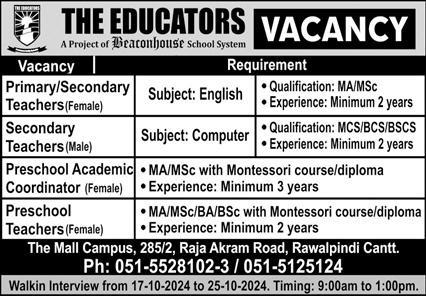 The Educators School Rawalpindi Jobs October 2024 Teachers at The Mall Campus Latest