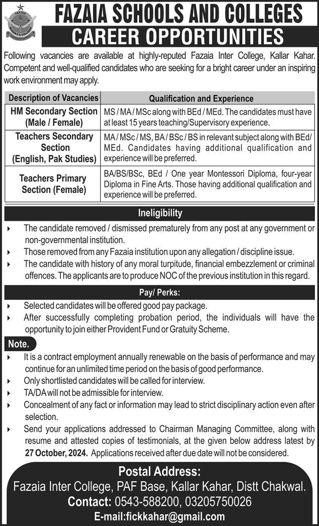 Fazaia Inter College Kallar Kahar Jobs October 2024 Teachers & Headmaster Latest