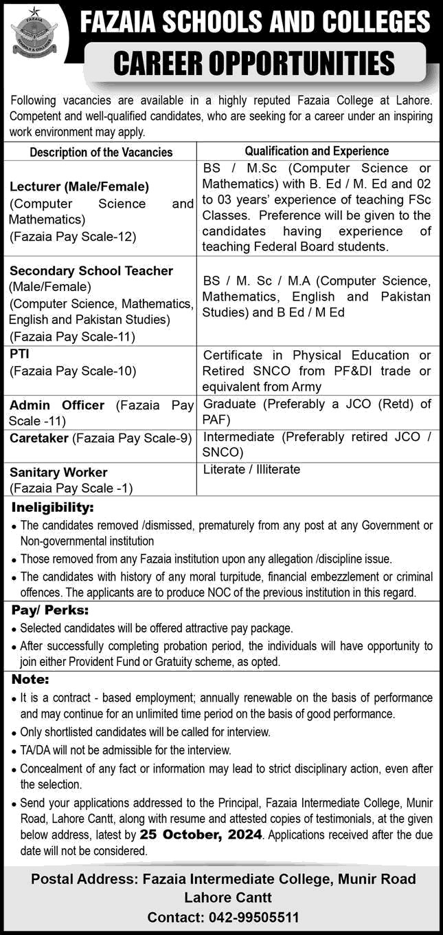 Fazaia Inter College Lahore Jobs October 2024 Lecturers, Teachers & Others Latest