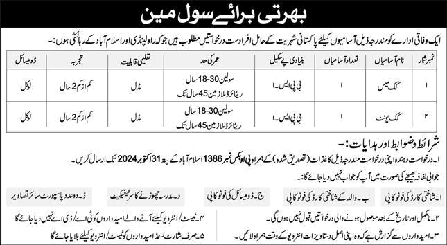 Cook Jobs in PO Box 1386 Islamabad 2024 October Federal Government Organization Latest