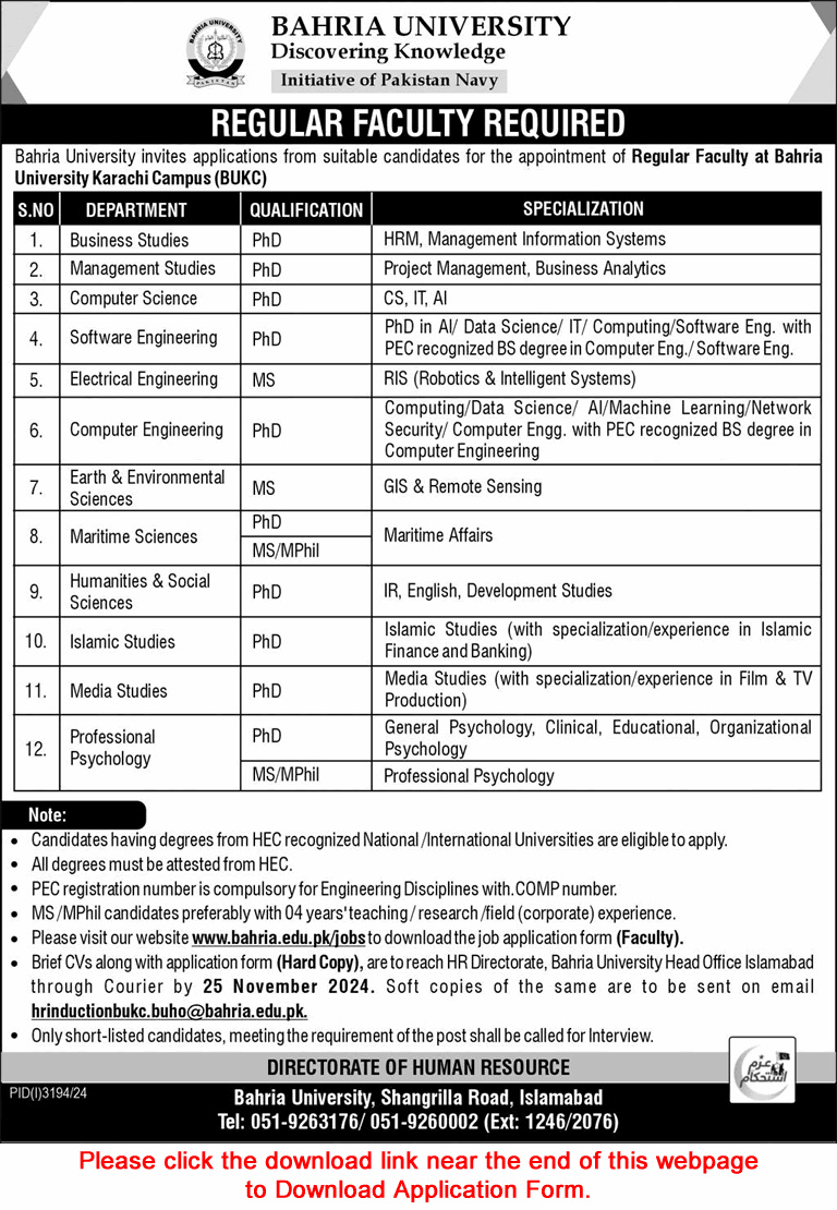 Bahria University Karachi Jobs November 2024 Application Form Teaching Faculty BUKC Latest