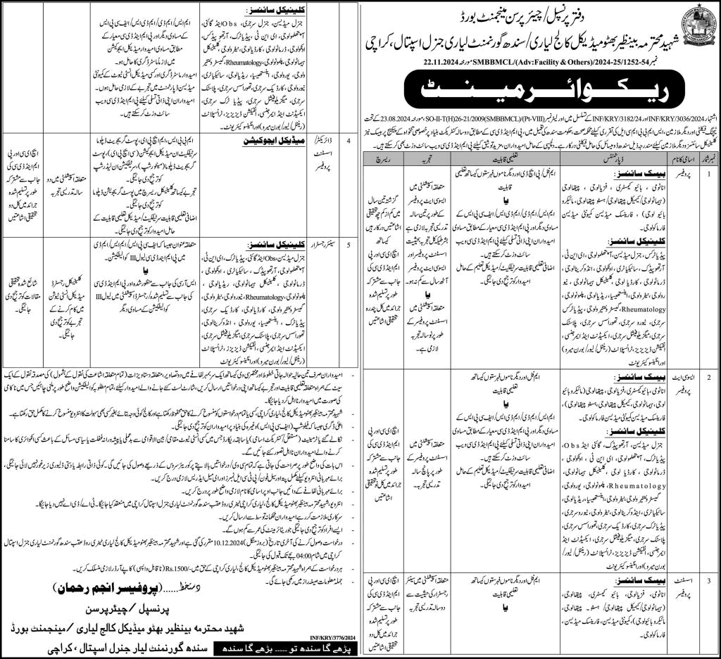 Shaheed Mohtarma Benazir Bhutto Medical College Lyari Karachi Jobs November 2024 December Teaching Faculty Latest