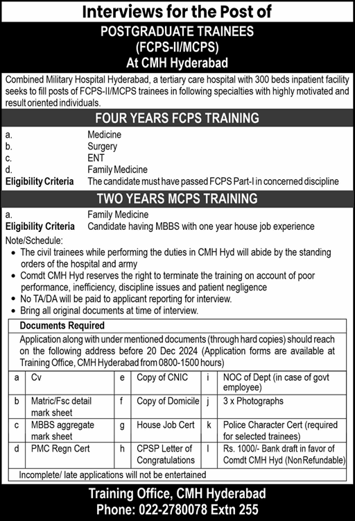 CMH Hyderabad FCPS / MCPS Postgraduate Training December 2024 Combined Military Hospital Latest