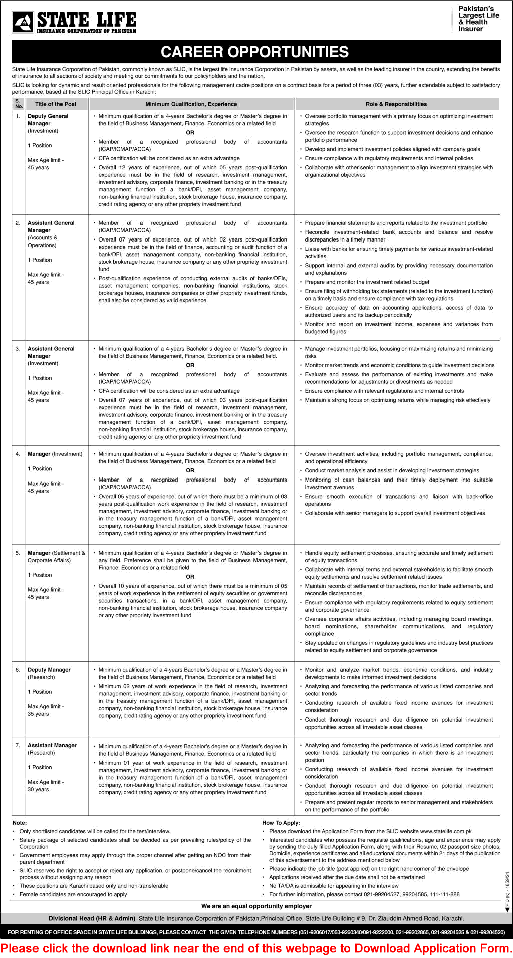 State Life Insurance Corporation of Pakistan Jobs December 2024 Application Form SLIC Latest