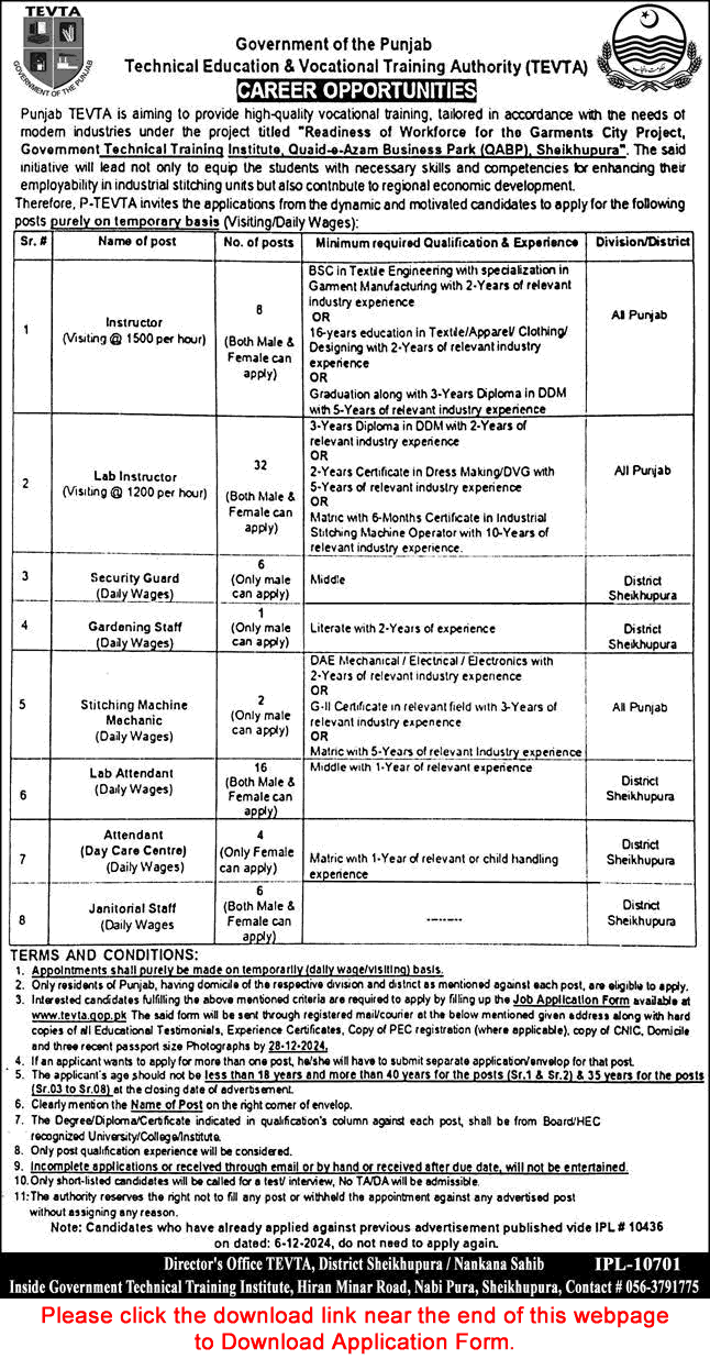 TEVTA Jobs December 2024 / 2025 Application Form Lab Instructors / Attendants & Others Latest