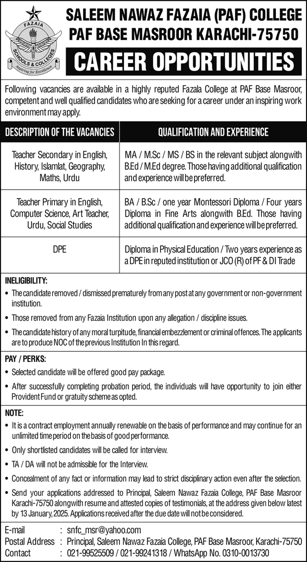 Saleem Nawaz Fazaia College Karachi Jobs 2025 Teaching Faculty PAF Base Masroor Latest