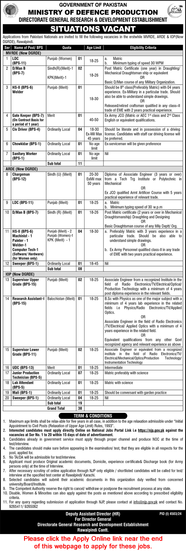 Ministry of Defence Production Rawalpindi Jobs 2025 Apply Online Production Technicians, Drivers & Others Latest