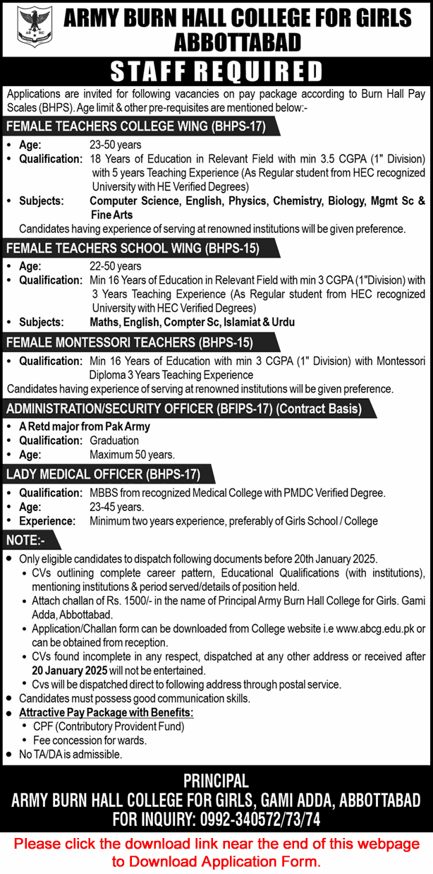 Army Burn Hall College for Girls Abbottabad Jobs 2025 Application Form Teaching Faculty & Others Latest