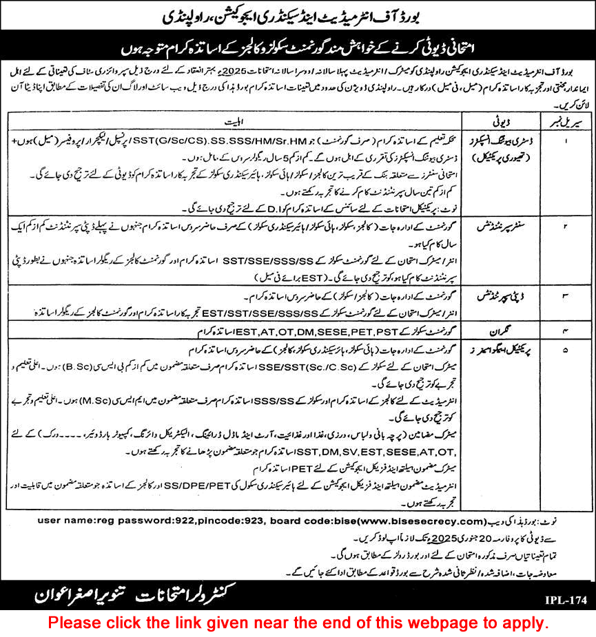 BISE Rawalpindi Jobs 2025 Apply Online Invigilators, Practical Examiners & Others Latest