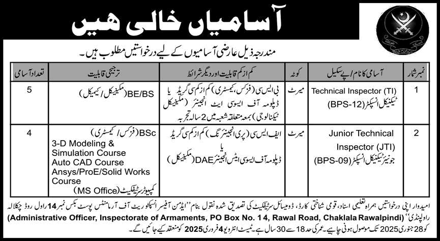 Technical Inspector Jobs in Inspectorate of Armaments Rawalpindi 2025 Pakistan Army Latest