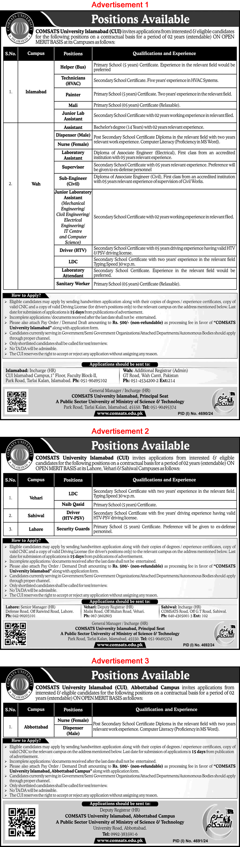 COMSATS University Jobs 2025 Lab Assistants, Clerks, Drivers, Security Guards & Others CUI Latest