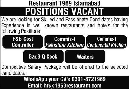 1969 Restaurant Islamabad Jobs 2025 Latest