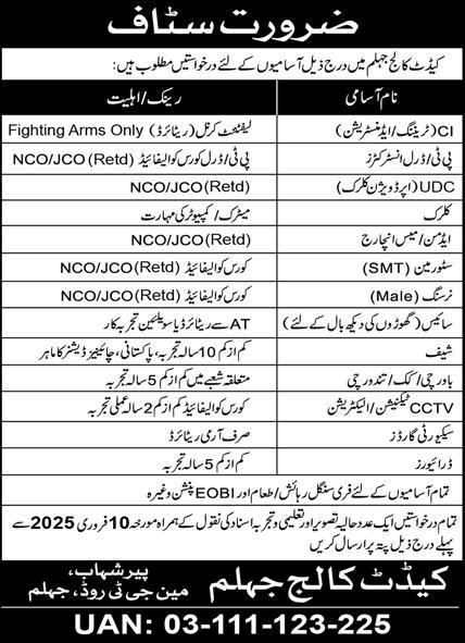 Cadet College Jhelum Jobs 2025 Clerks, Storeman, Security Guards, Drivers & Others Latest