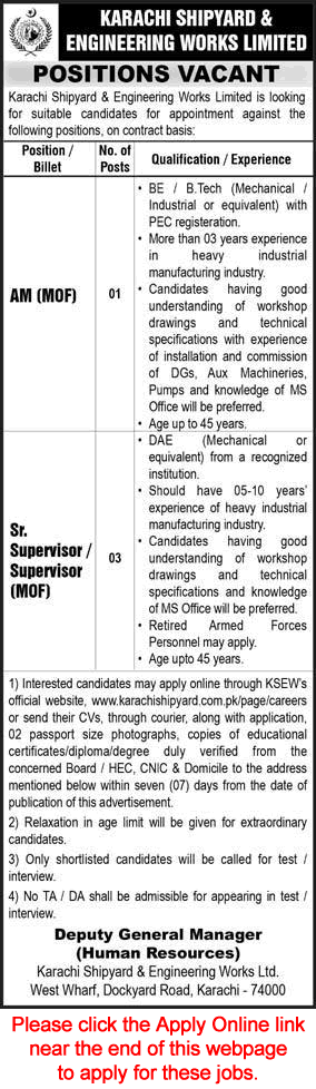 Karachi Shipyard and Engineering Works Jobs 2025 Apply Online Supervisor & Assistant Manager KSEW Latest