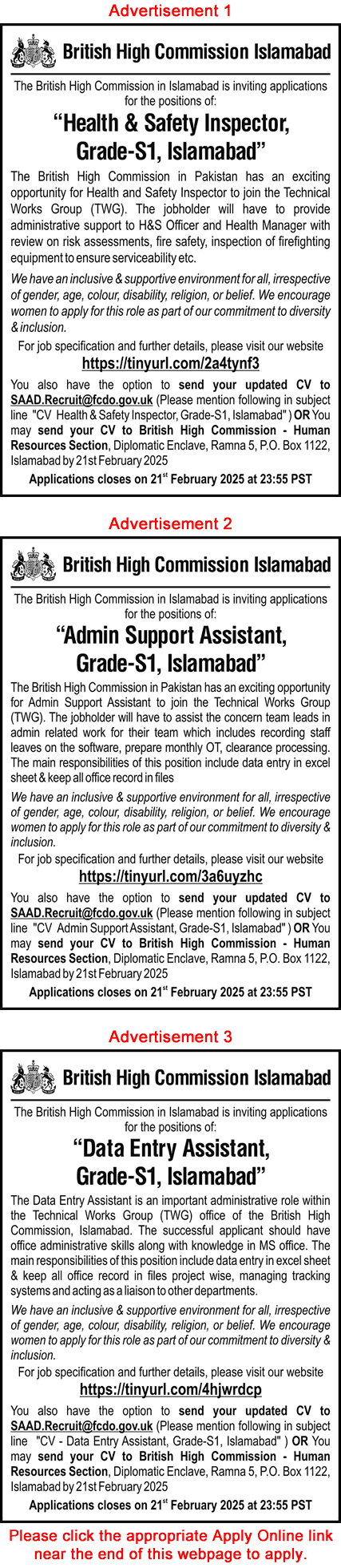 British High Commission Islamabad Jobs 2025 February Apply Online Data Entry Assistant & Others Latest