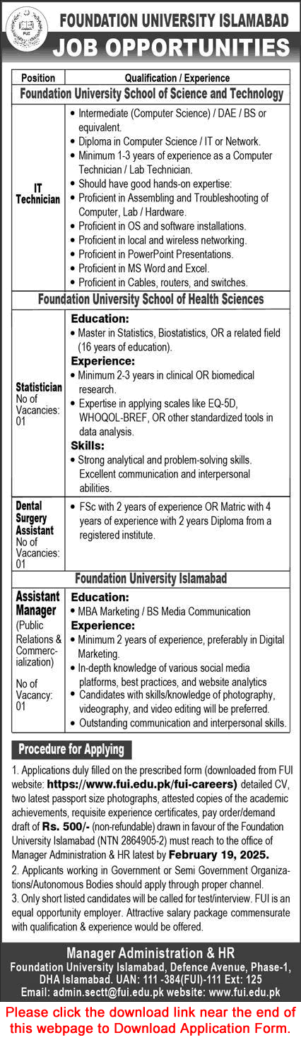 Foundation University Islamabad Jobs 2025 February Application Form IT Technician & Others Latest