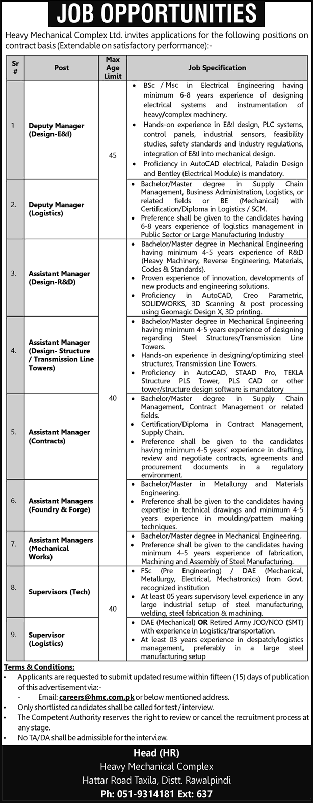 Heavy Mechanical Complex Taxila Jobs 2025 February Assistant Managers & Others HMC Latest