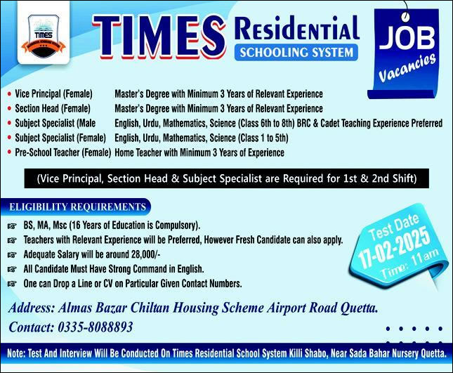 Times Residential School Quetta Jobs 2025 February Teachers & Others Latest