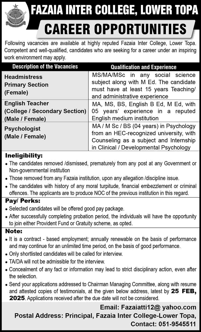 Fazaia Inter College Lower Topa Murree Jobs 2025 February Teachers & Others FIC Latest