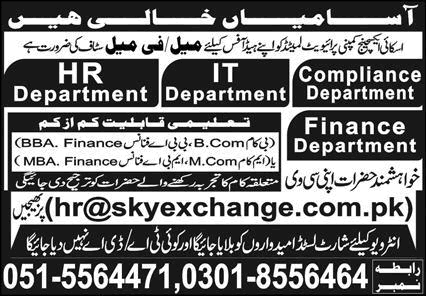 Sky Exchange Company Pvt Ltd Rawalpindi Jobs 2025 February IT / Finance Staff & Others Latest