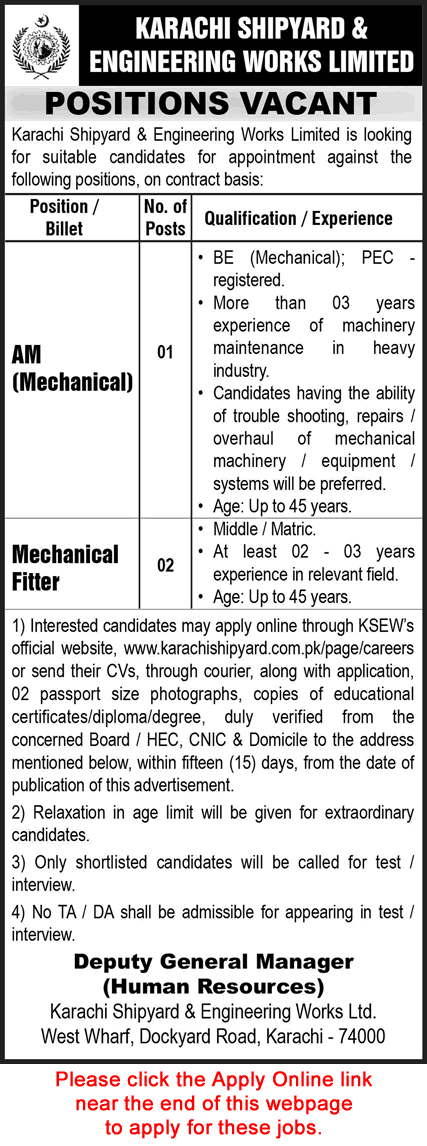 Karachi Shipyard and Engineering Works Jobs February 2025 Apply Online Mechanical Fitters & Assistant Manager Latest