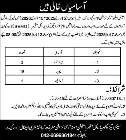 Station Health Organization Lahore Jobs 2025 February Labours, Supervisors & Driver Latest