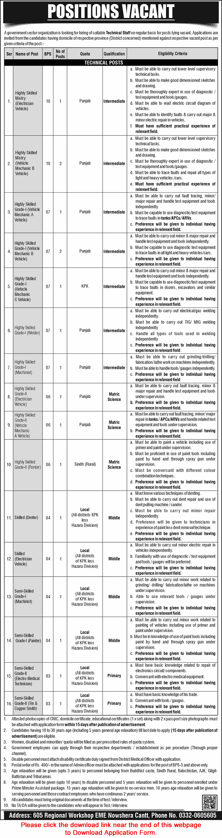 605 Regional Workshop EME Nowshera Jobs 2025 March Vehicle Mechanics / Electrician & Others Pakistan Army Latest