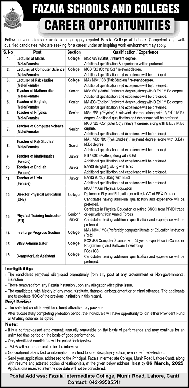 Fazaia Inter College Lahore Jobs 2025 March Lecturers, Teachers & Others FIC Latest