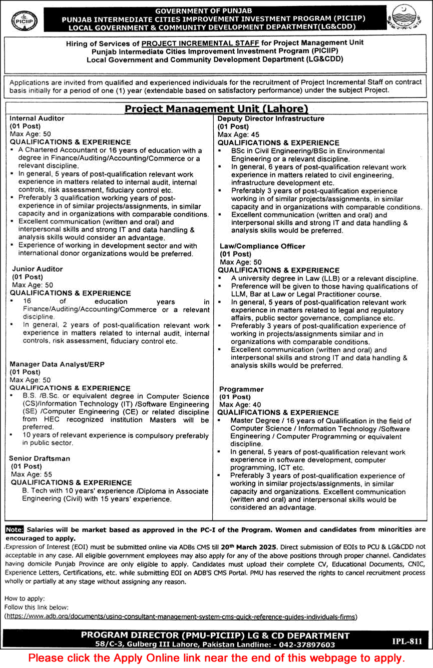 Local Government and Community Development Department Punjab Jobs 2025 March Apply Online PICIIP Latest