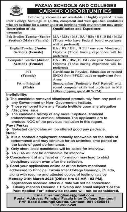 Fazaia Inter College Samungli Quetta Jobs 2025 March Teachers & Others FIC Latest