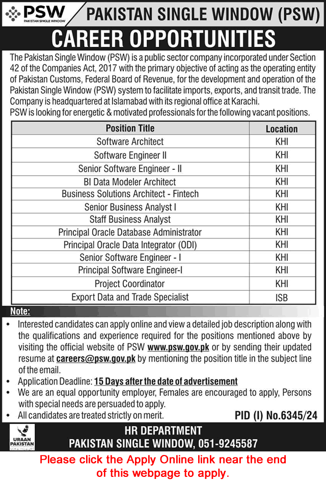 Pakistan Single Window Jobs March 2025 Apply Online Software Engineers & Others PSW Latest