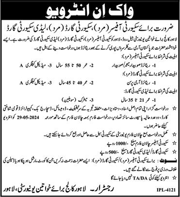 Lahore College for Women University Jobs May 2024 Security Officers & Guards Walk in Interviews Latest