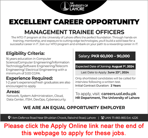 Management Trainee Officer Jobs in University of Lahore 2024 June Apply Online MTO UOL Latest