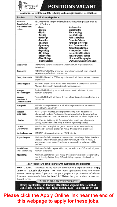 University of Faisalabad Jobs 2024 June Apply Online Teaching Faculty & Others Latest