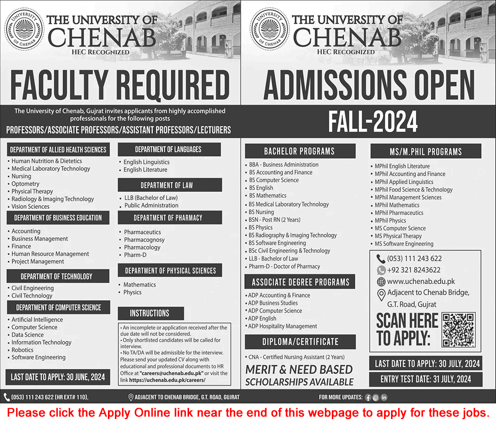 The University of Chenab Gujrat Jobs June 2024 Apply Online Teaching Faculty Latest