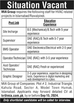 MIA Group Jobs in Islamabad / Rawalpindi September 2024 DAE RAC / HVAC / Electrical / Electronics & Graphic Designer Latest