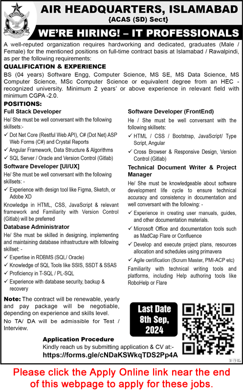 IT Jobs in Air Headquarters Islamabad September 2024 Web / Software Developer, DBA, Technical Writer & Project Manager Latest